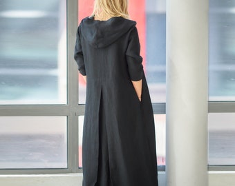 Linen Hooded Maxi Dress, Kaftan Abaya, Summer Linen Clothing