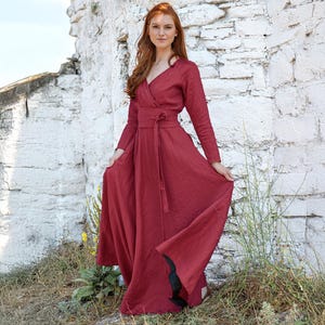 Ruby Red Linen Dress with Obi Belt and Pockets, Heavyweight Linen Maxi Dress for Women, Elegant Full Circle Long Dress, Cocktail Linen Dress