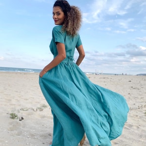 Linen Wrap Dress with Sash belt and Pockets, Blue Green Linen Dress for Women, Linen Gown, Summer Maxi Dress, Linen Kaftan,Resort Maxi Dress