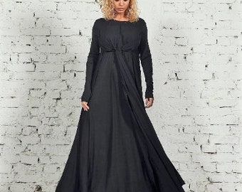 Black Maxi Dress, Long Sleeve Maxi Dress, Long Black Dress, Winter Dress for Women, Gothic Wedding Dress, Plus Size Clothing,Steampunk Dress