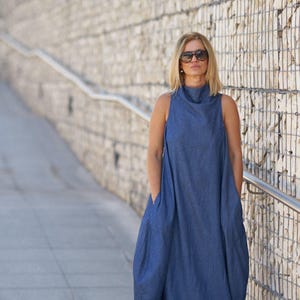 Summer Maxi Dress, Plus Size Women Dress, Kaftan Dress, Blue Maxi Dress, Long Oversize Dress, Cotton Bubble Dress, Plus Size Clothing Women image 3