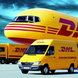 May include: A yellow DHL cargo plane on the tarmac with a yellow DHL delivery truck and a yellow DHL van in front of it.