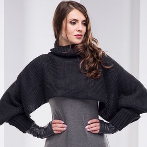 READY TO SHIP Sweater For Women, Plus Size Sweater, Knit Cape, Knit Wool Poncho, Knit Sweater Cape, Black Sweater, Plus Size Clothing