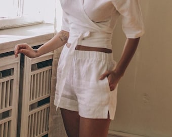 White Linen Shorts, Elastic Waist, Plus Size Summer Pants
