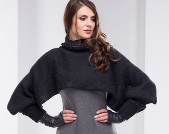 Knit Wool Poncho, Crop Sweater For Women, Turtleneck, Winter Clothing