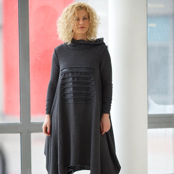 Robe longue grande taille, Robe gothique, Robe d'hiver pour femme, Robe longue noire, Robe grande taille, Robe pull ample, Robe à capuche, Robe d'automne