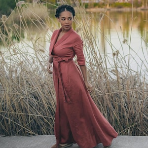 Wrap Linen Dress for Women, Summer Maxi Dress in Moroccan red, Wrap Maxi Dress, Women Linen Clothing, Linen Maxi Dress,Plus Size Linen Dress