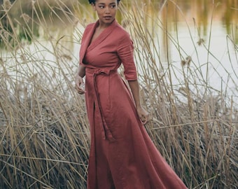 Wrap Linen Maxi Dress, Moroccan Red, Shawl Collar, Bohemian Clothing