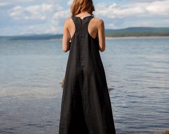 Vestido largo de lino sin mangas - Estilo boho informal con espalda deportiva
