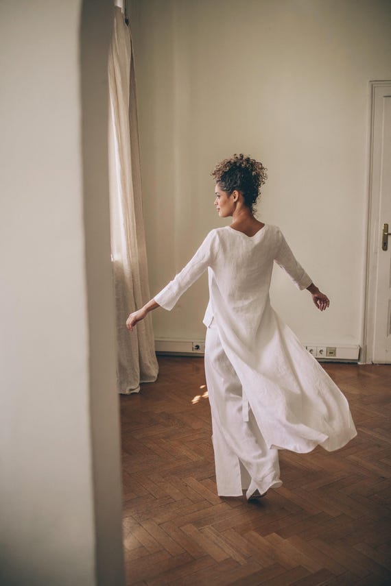 Asymmetrical White Linen Tunic Top, Summer Shirt, Bohemian Clothing