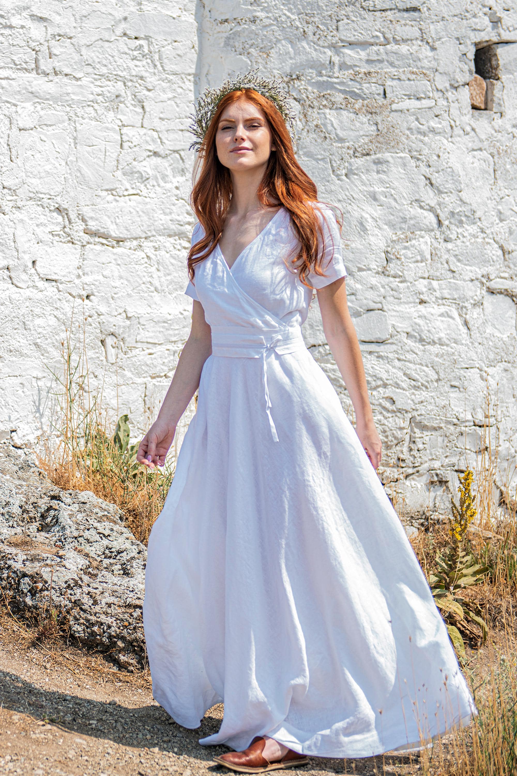 Linen Wrap Dress in Light Blue, Summer Maxi Dress, Linen Dress Women, Linen Dress with Belt, Linen V Neck Dress, Plus Size Dress, S / Light Blue