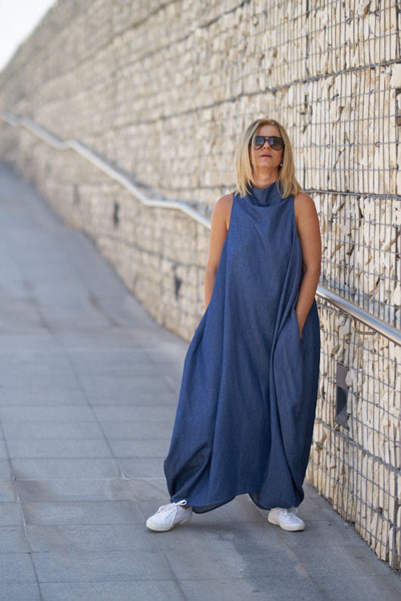 Summer Maxi Dress, Plus Size Women Dress, Kaftan Dress, Blue Maxi Dress, Long Oversize Dress, Cotton Bubble Dress, Plus Size Clothing Women image 9