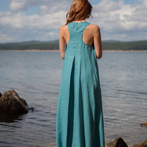 Linen Maxi Dress: Sleeveless Blue Green - Boho Summer Clothing - Etsy