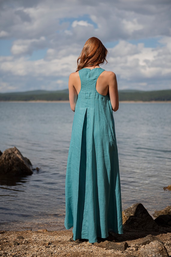 blue dress for baby girl Linen Maxi Dress with Puff Sleeves