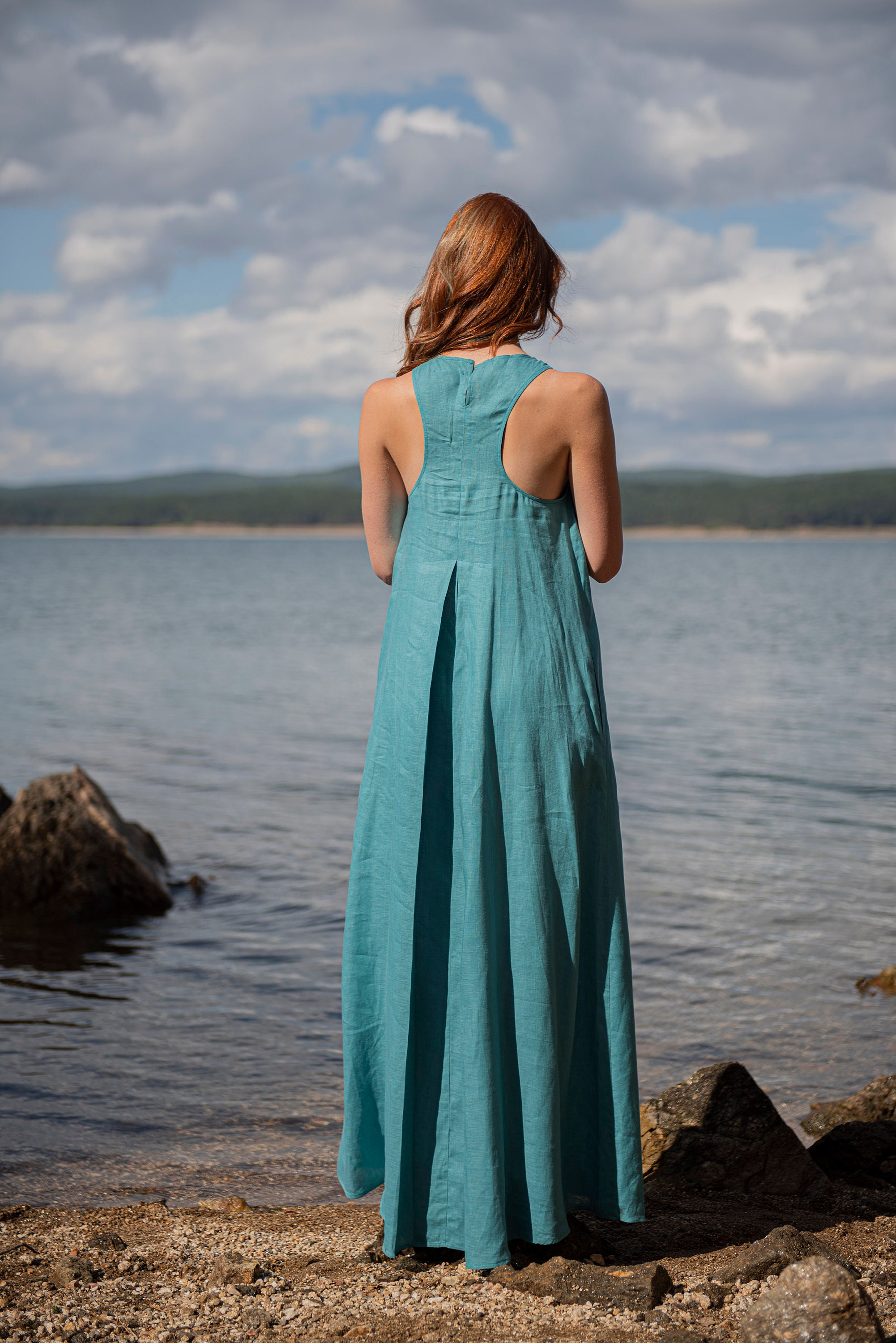 Linen Maxi Dress Blue Green Dress Sleeveless Maxi Dress