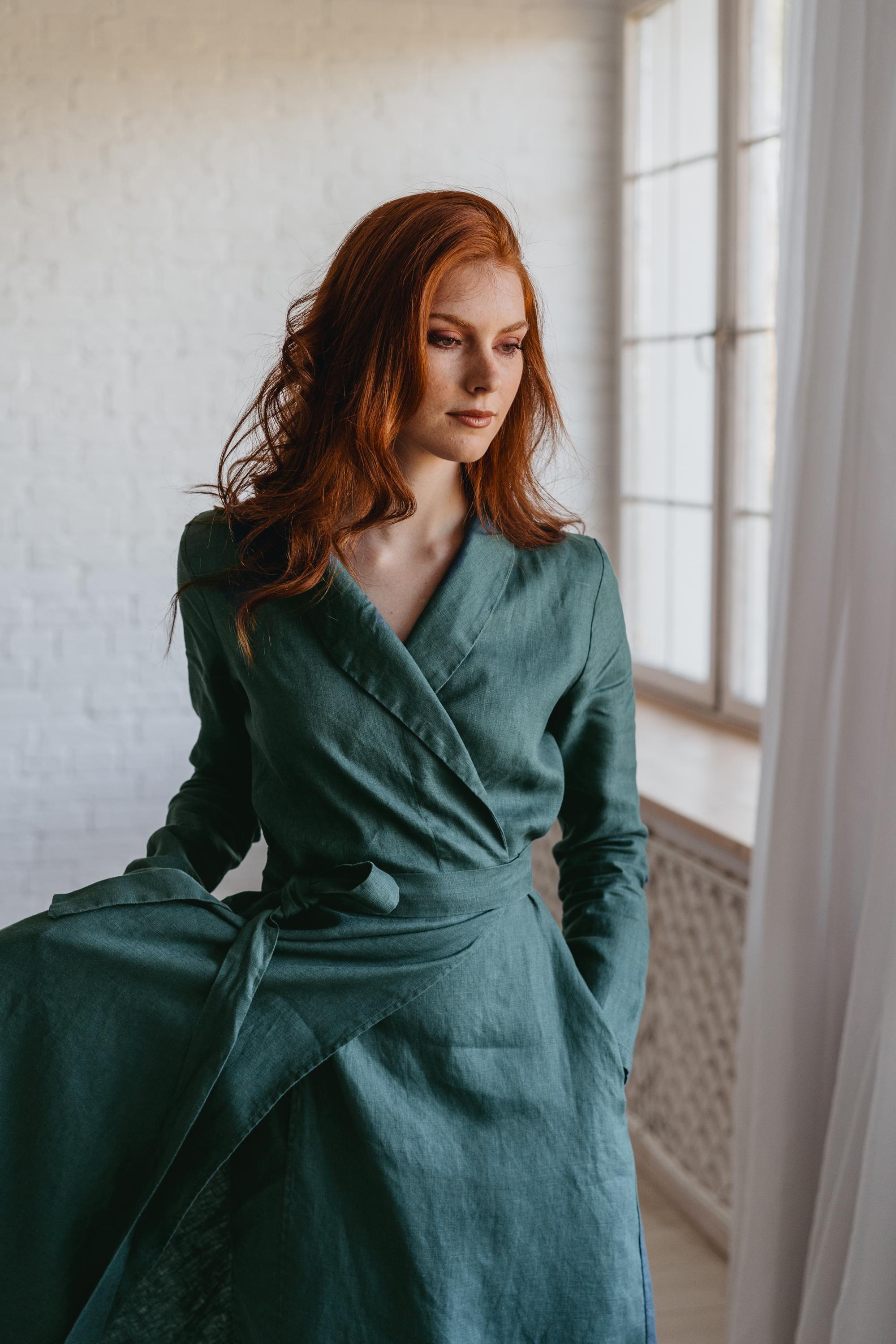 women's fall wrap dress Heavyweight Linen Wrap Dress in Midi Length - Petrol Blue Linen Wrap Dress - Fall Linen Dress