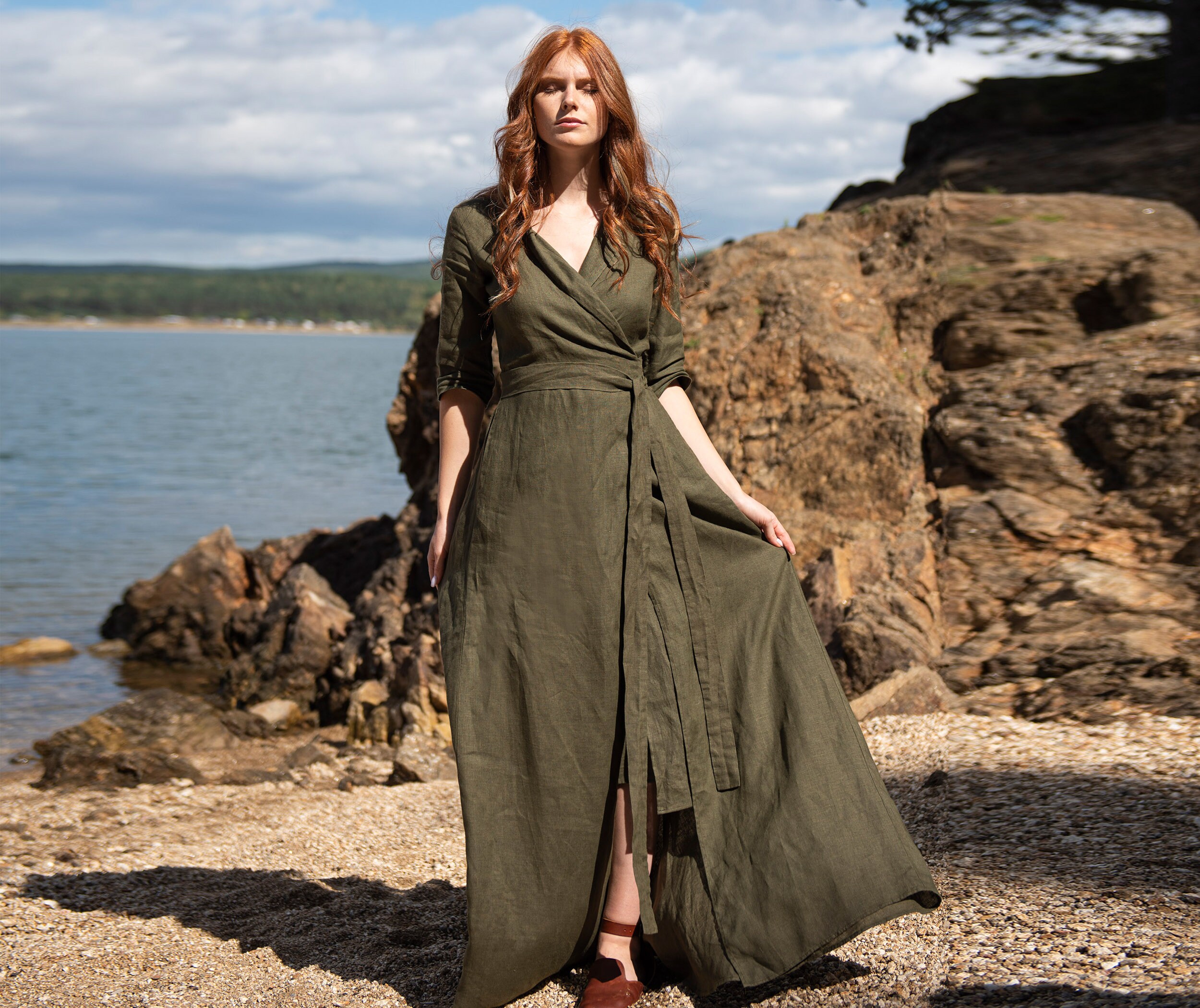 long linen wrap dress
