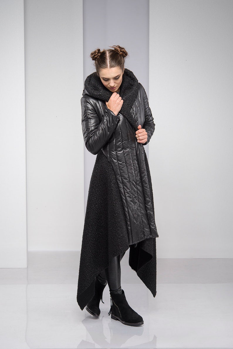 Maxi Coat for Women, Winter Coat, Merino Wool Coat, Black Hooded Coat, Cyberpunk Coat, Plus Size Coat, Asymmetric Coat, Plus Size Clothing image 5