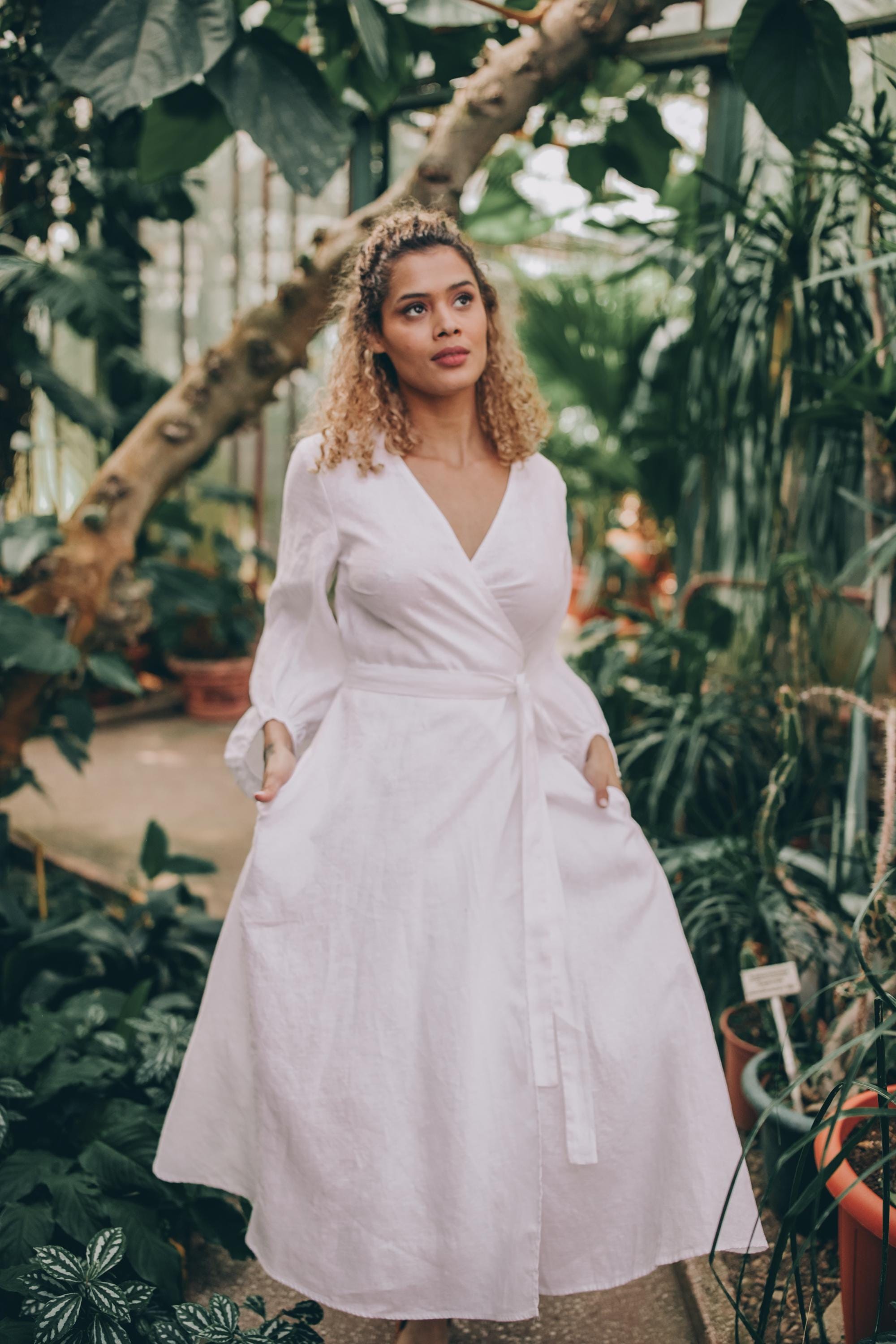 white cotton wrap dress Linen Wrap Dress with Puff Sleeves, Dress for Women, Summer Linen Clothing, Romantic Dress, Tie Belt Linen Dress, Linen Spring Dress, S / White