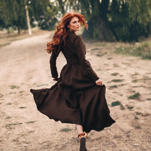 Chocolate Brown Linen Dress, Heavy Linen Maxi Dress, Long Sleeve Linen Dress, Linen Wrap Dress, Boho Dress, Kimono Dress, Fall Winter Dress