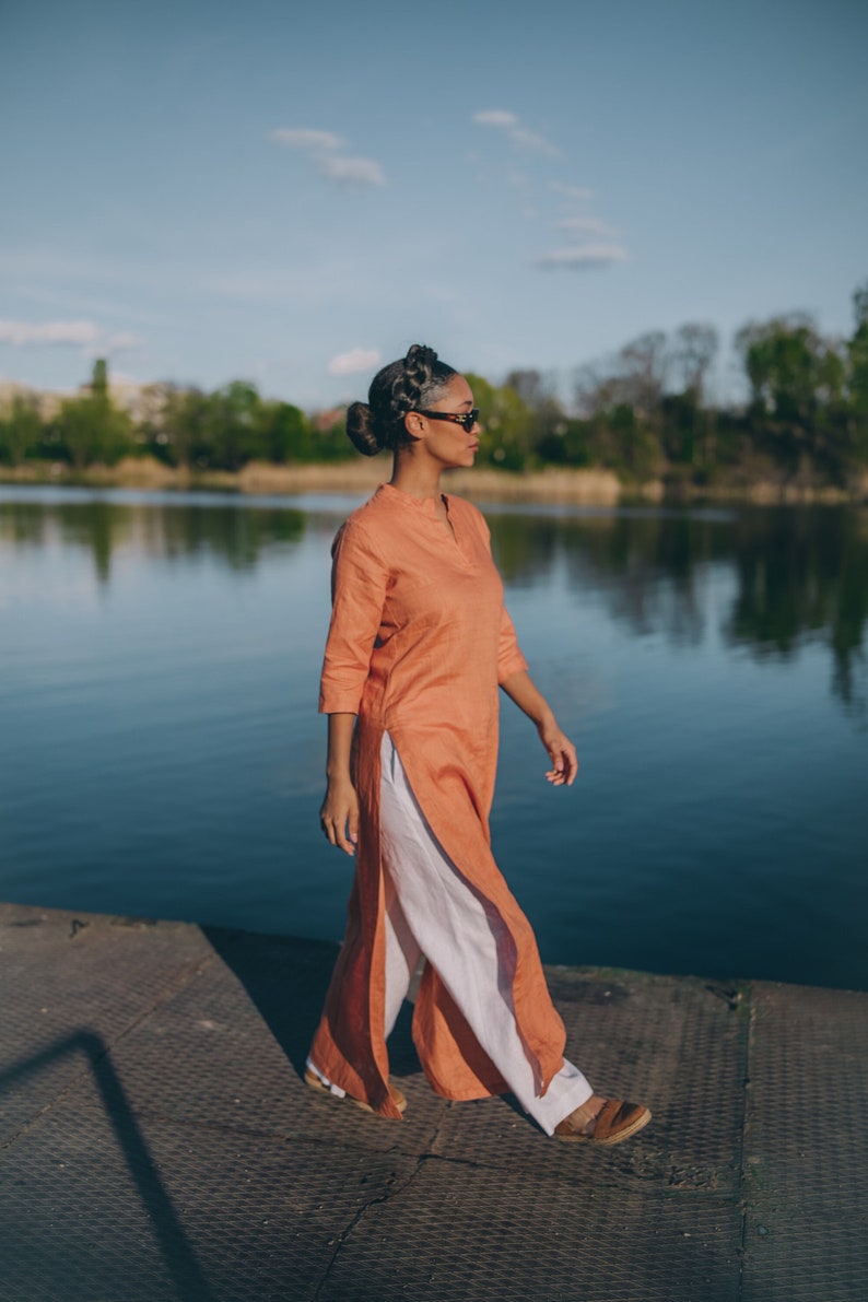 Long Linen Tunic Top, Bohemian Tunic Dress, Orange Summer Top