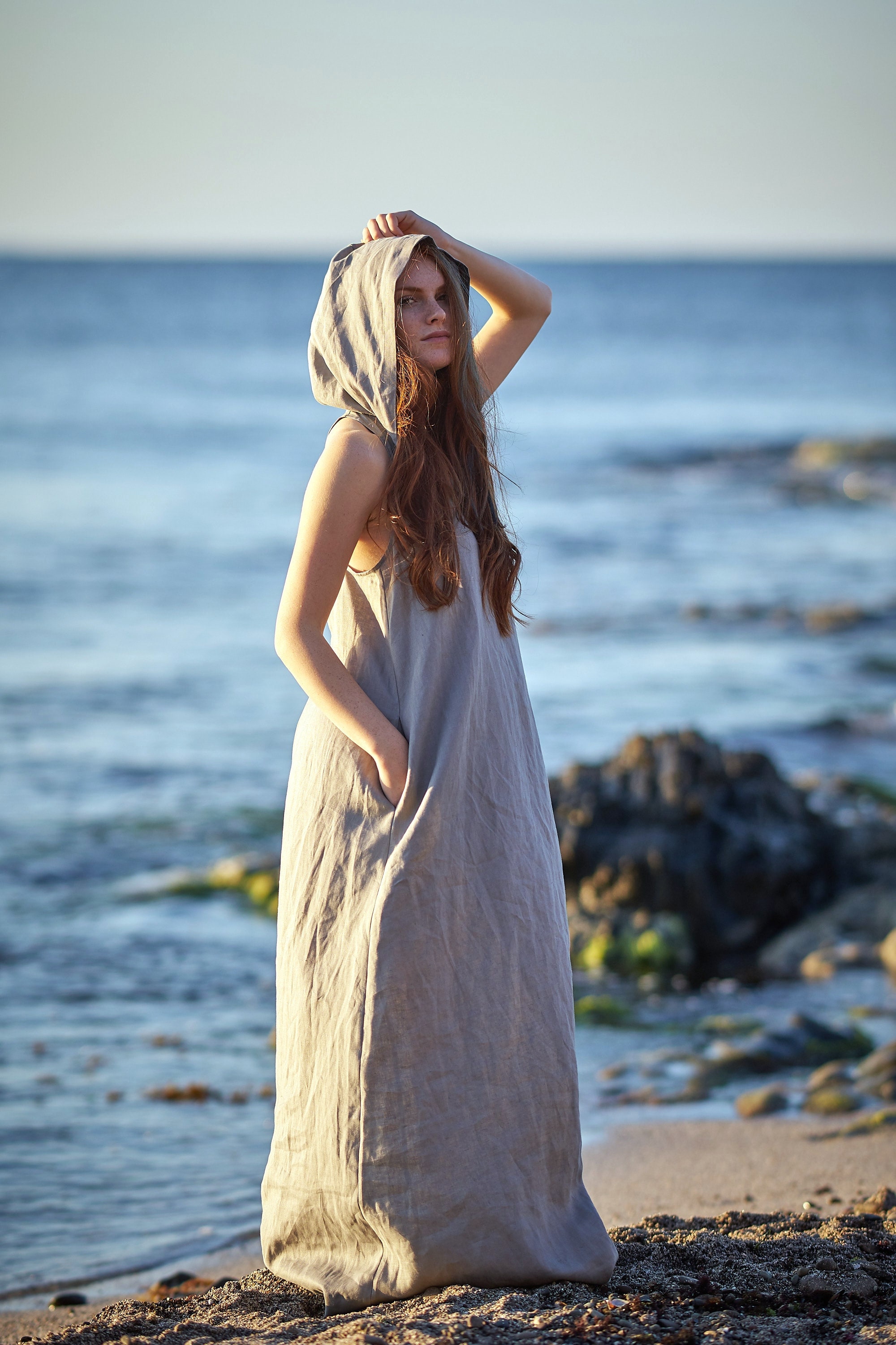 Linen Hoodie Dress with Pockets: Relaxed Summer Maxi Dress, Boho Clothing Linen Hoodie Dress with Pockets: Relaxed Summer Maxi Dress, Boho Clothing