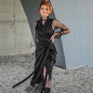 Black Vest Dress with Lace Lining, Gothic Wedding Dress, Plus Size Goth Dress, Black Maxi Dress, Steampunk Dress for Women, Lace Maxi Dress