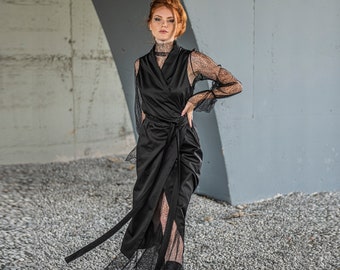 Black Vest Dress with Lace Lining, Gothic Wedding Dress, Plus Size Goth Dress, Black Maxi Dress, Steampunk Dress for Women, Lace Maxi Dress