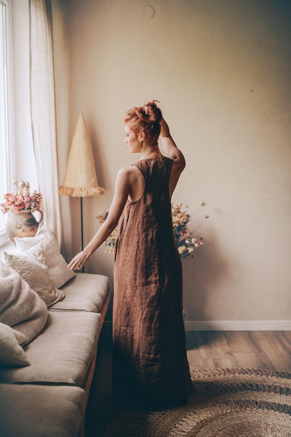 chocolate linen maxi dress Linen A-Line Maxi Dress