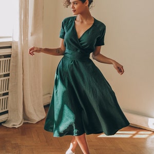 Robe en lin vert foncé avec ceinture et poches, Robe en lin classique pour femme, Robe midi d'été, Robe en lin simple grande taille, Robe en lin élégante image 2