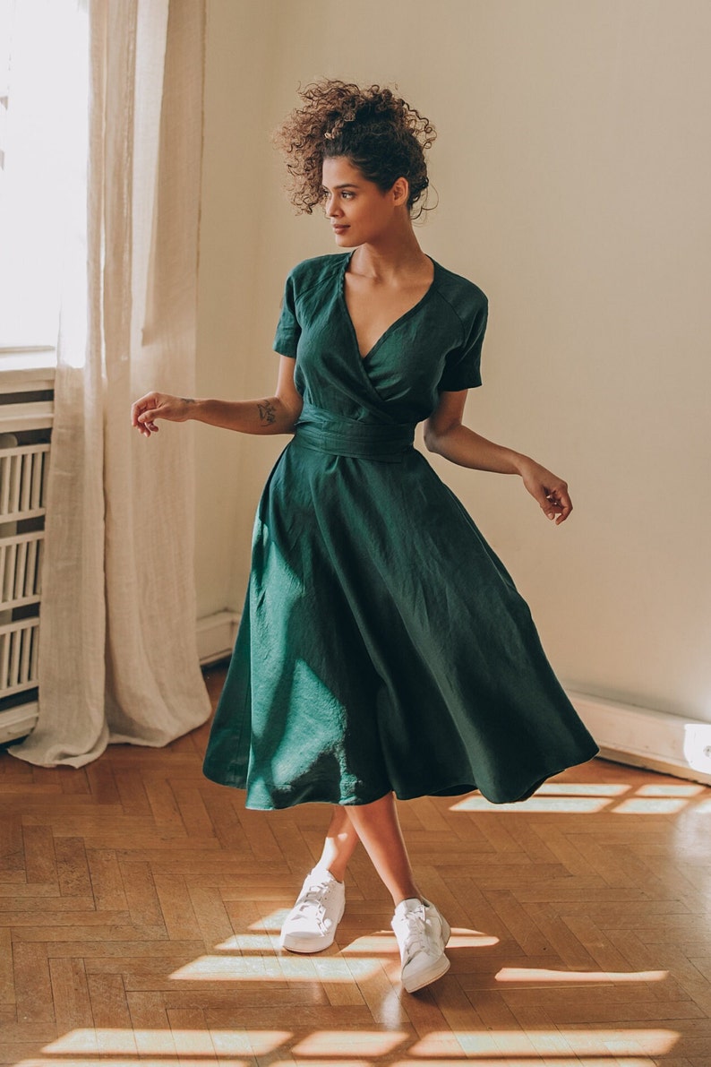 Deep Green Linen Dress with Belt and Pockets, Classic Linen Dress Women, Summer Midi Dress, Simple Linen Dress Plus Size,Elegant Linen Dress zdjęcie 2