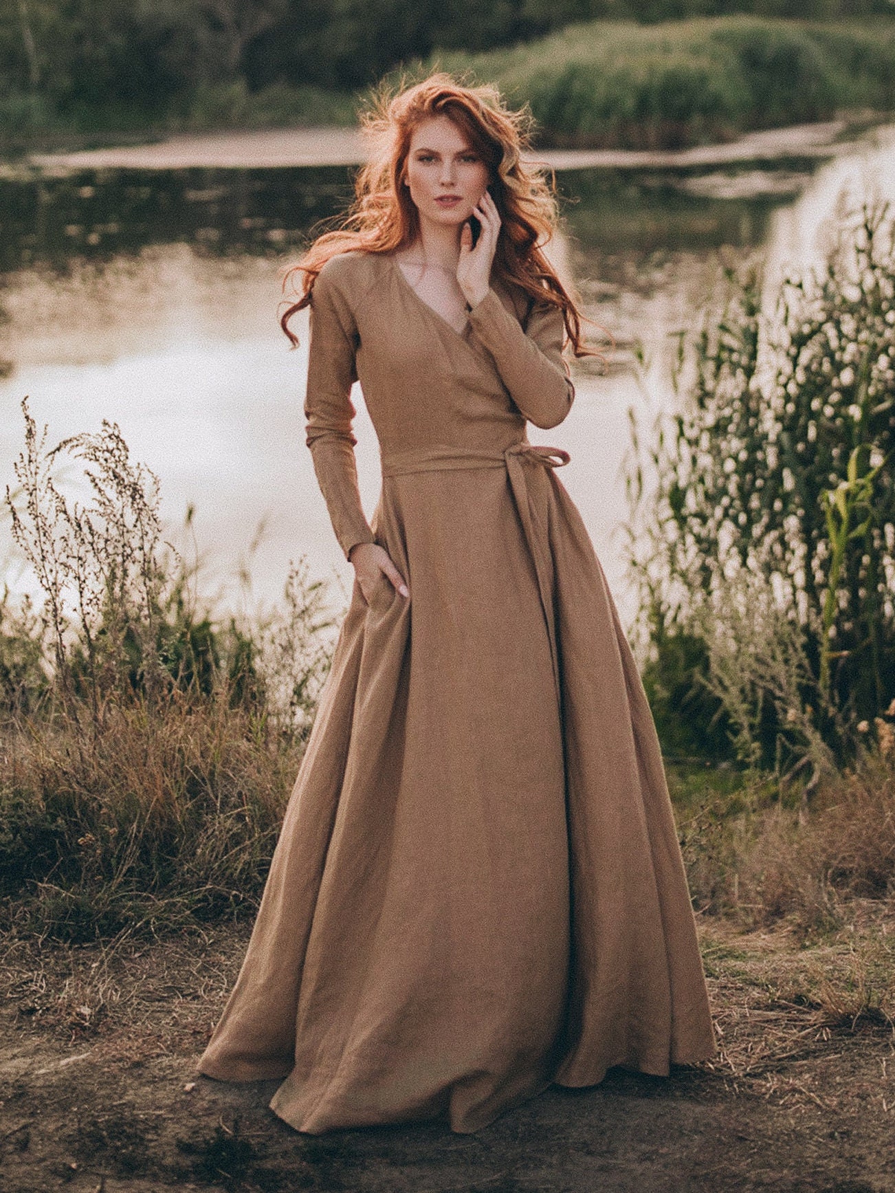 Long Sleeve Wrap Dress, Heavyweight Linen Maxi Dress, Fall Linen Clothing for Women