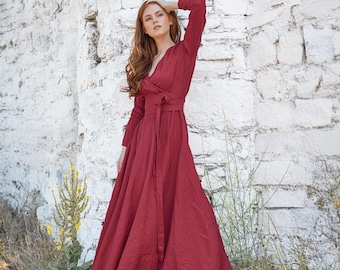 Long Sleeve Maxi Dress in Heavyweight Linen – Elegant Handmade Clothing, Autumn Style