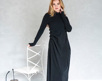 Knit Dress for Women, Knitted Sweater Dress, Long Sleeve Hooded Maxi Dress, Plus Size Maxi Dress, Thumb Hole Dress, Long Fall Winter Dress