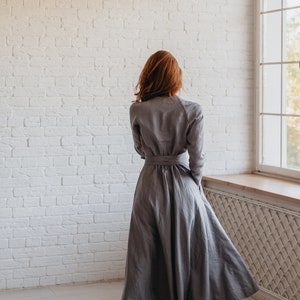 Long Sleeve Linen Midi Dress, Gray Linen Dress For Women, Heavy Linen Dress, Fall Linen Dress with Pockets, Plus Size Linen Clothing image 6