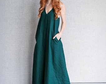 Emerald Green Linen Maxi Dress: Sleeveless Summer Dress with Pockets