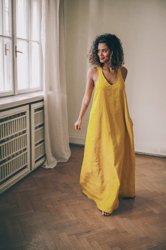 Mustard Linen Dress with Pockets, Linen Maxi Dress, Summer Maxi Dress for Women, Sleeveless Linen Dress, Linen Summer Dress, Summer Dress