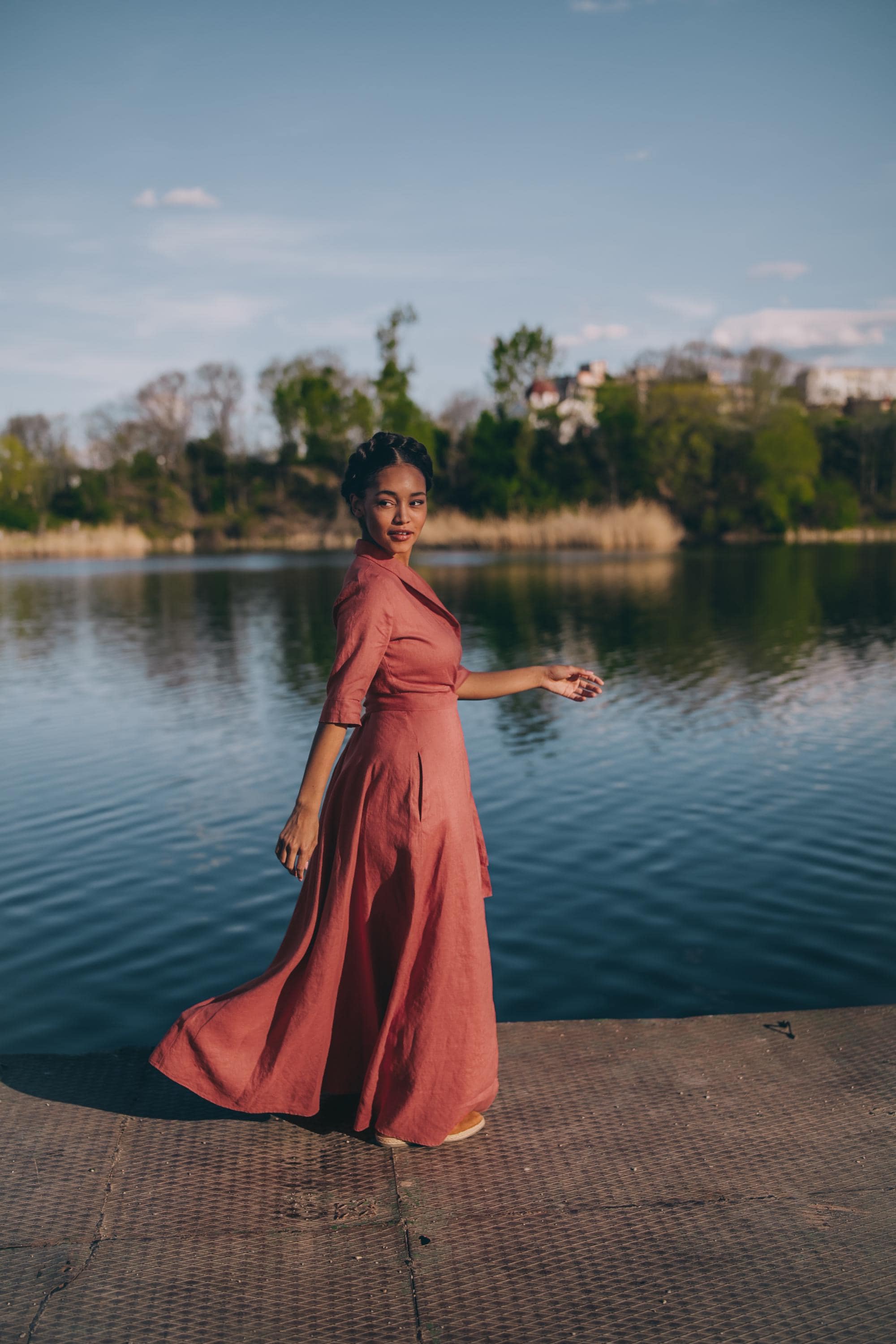 Linen Wrap Maxi Dress with Shawl Collar and Pockets Linen Wrap Maxi Dress with Shawl Collar and Pockets