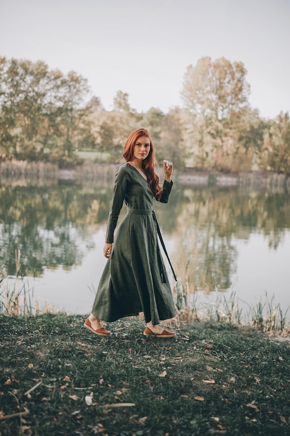 knee length dresses for ladies Teal Blue Elegance: Linen Wrap Dress with Shawl Collars, Full Sleeves &  Waist Tie – Kuttons main image 1