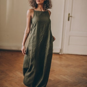 Military Green Linen Dress, Summer Maxi Dress for Women, Linen Maxi Dress Plus Size, Minimalist Linen Dress, Long Linen Dress with Pockets image 5