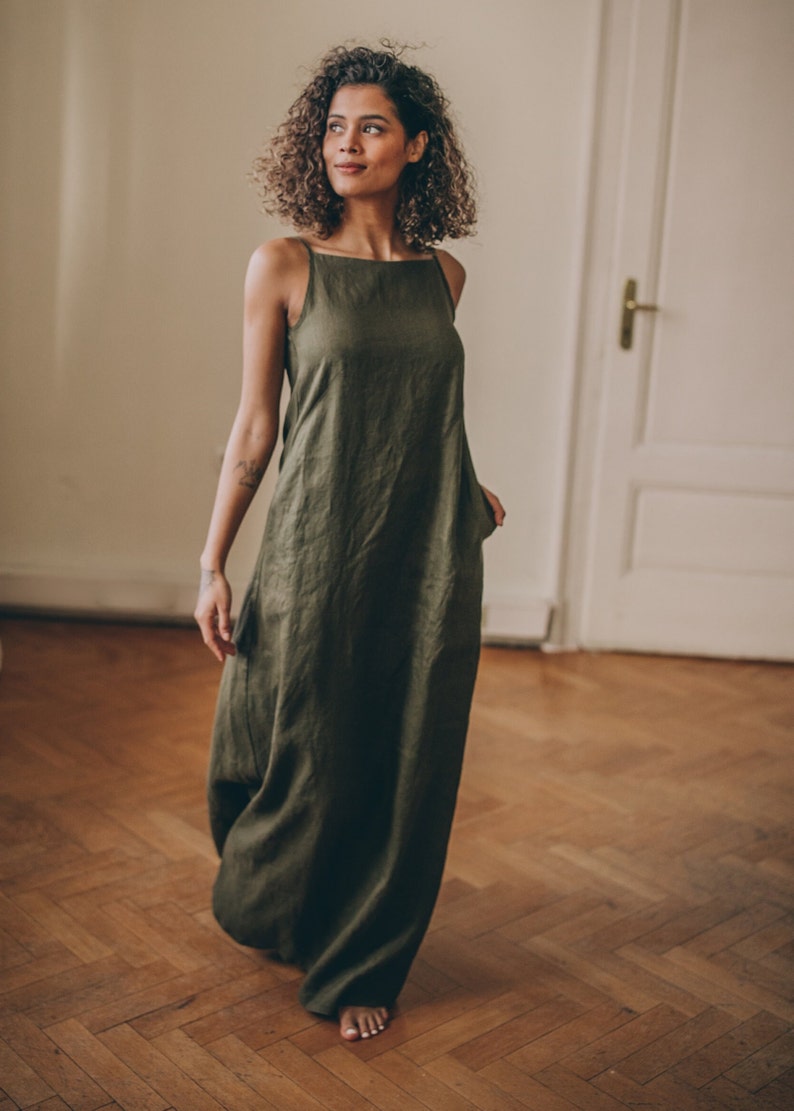 Military Green Linen Dress, Summer Maxi Dress for Women, Linen Maxi Dress Plus Size, Minimalist Linen Dress, Long Linen Dress with Pockets image 5