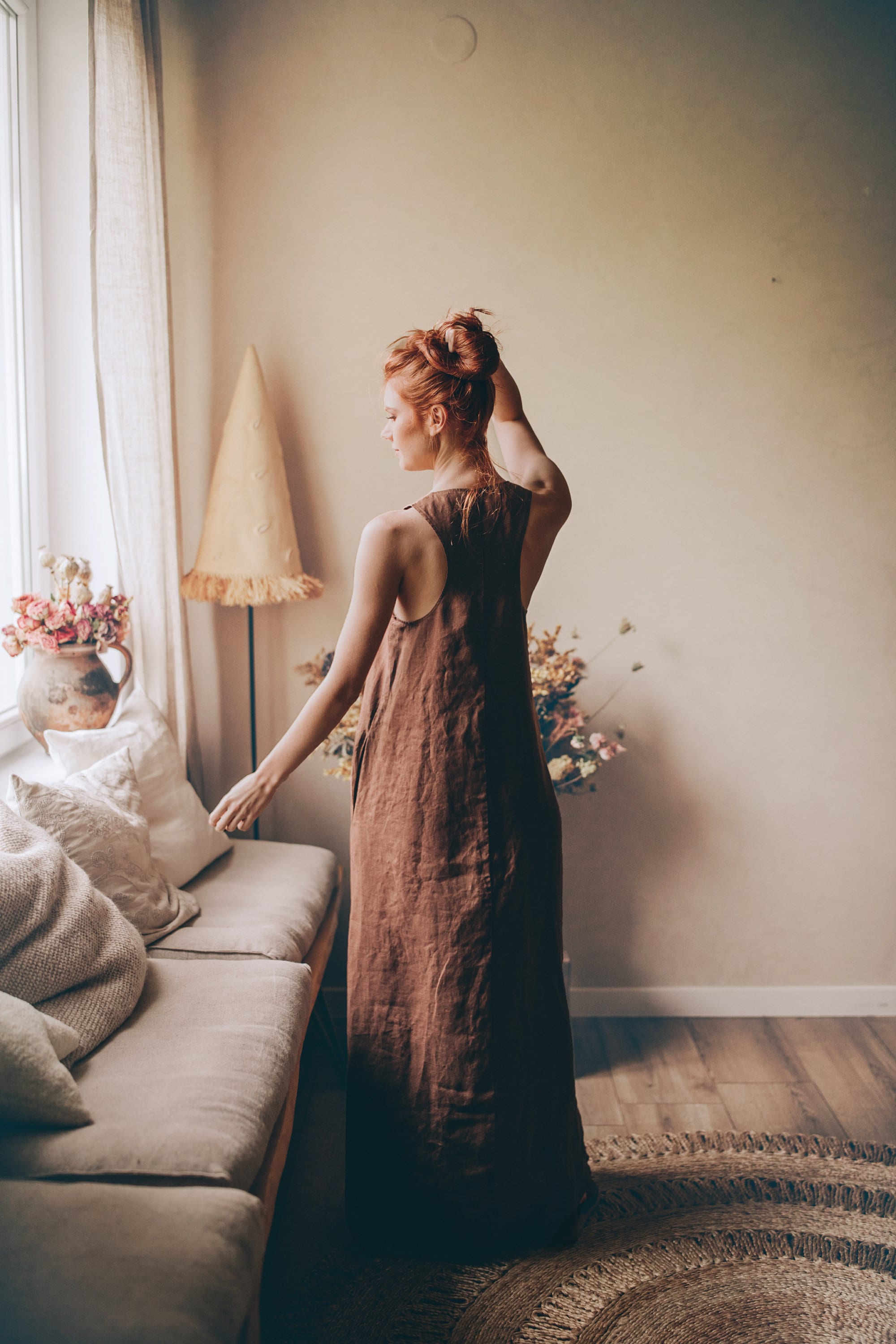 knee length dresses for ladies Chocolate Linen Maxi Dress M