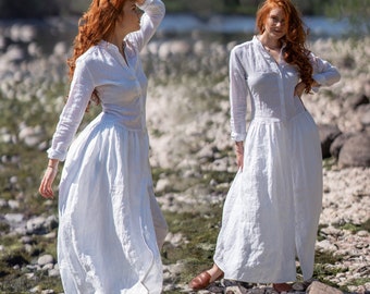 Long Sleeve Linen Dress for Women, Plus Size Maxi Dress, White Summer Dress, Linen Clothing, Modest Linen Dress, Plus Size Linen Kaftan