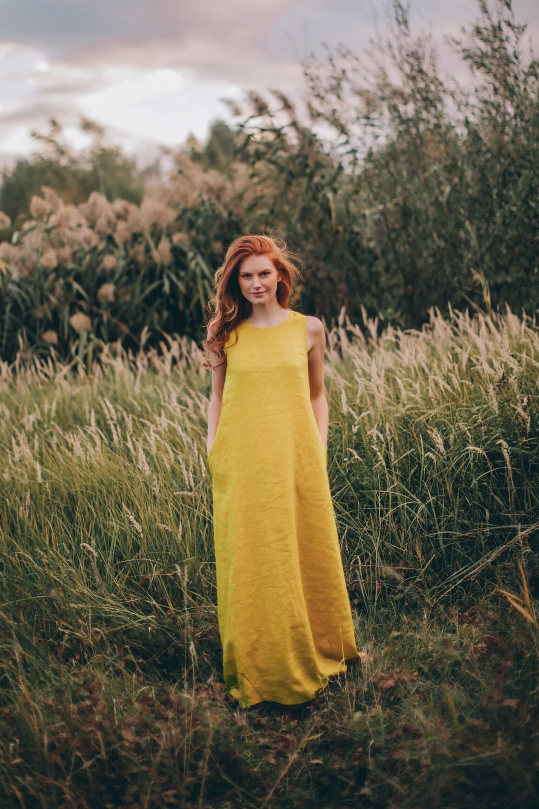 Mustard Yellow Linen Maxi Dress, Sleeveless Summer Dress, Bohemian — free download