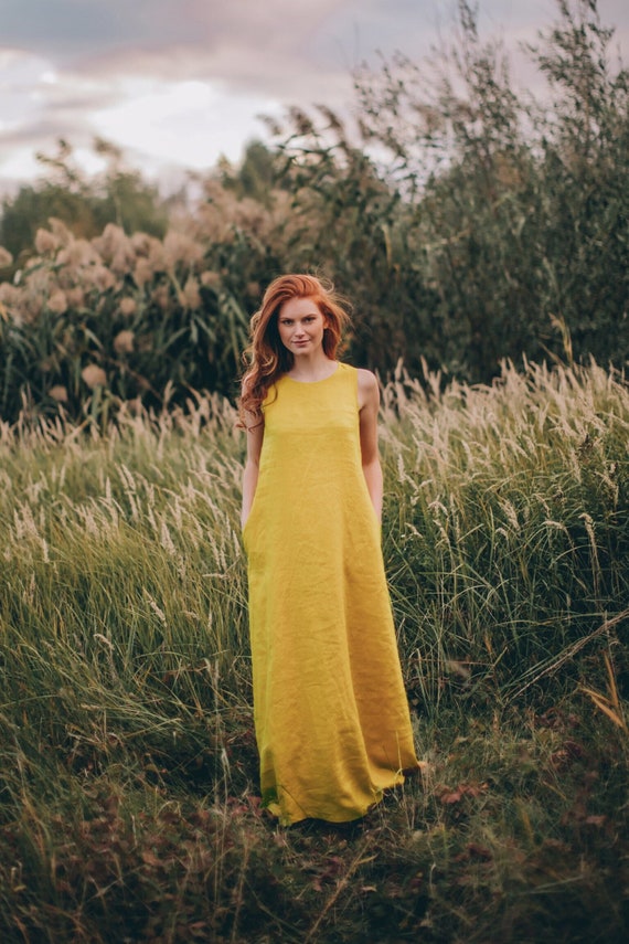 chinese dress ladies Liline Light Yellow Linen Tiered Maxi Dress – Chic Couture Online main image 1