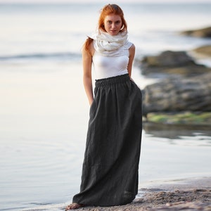 Black Linen Skirt, High Waist Linen Skirt, Linen Maxi Skirt, Elastic Waist Skirt,  Summer Skirt Women, Casual Loose Skirt, Plus Size Skirt