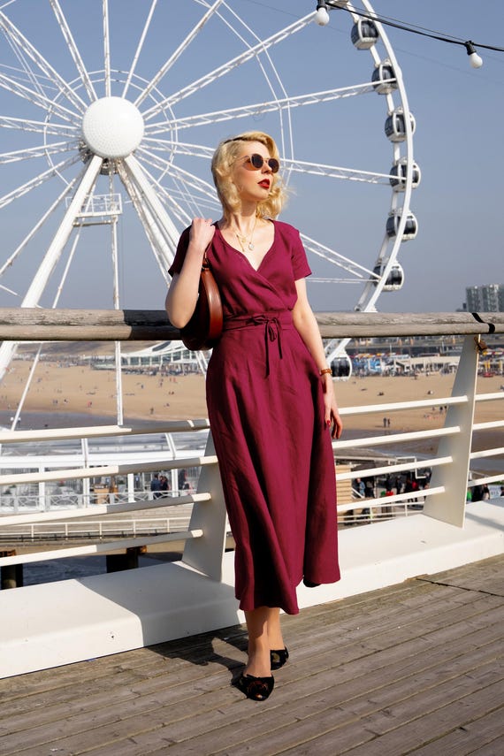 burgundy wrap midi dress Linen Faux Wedding Dress0 effect skirt Aspiga Ladies Sustainable Maeve Size:UK 6 / EU 40 / US 6.5