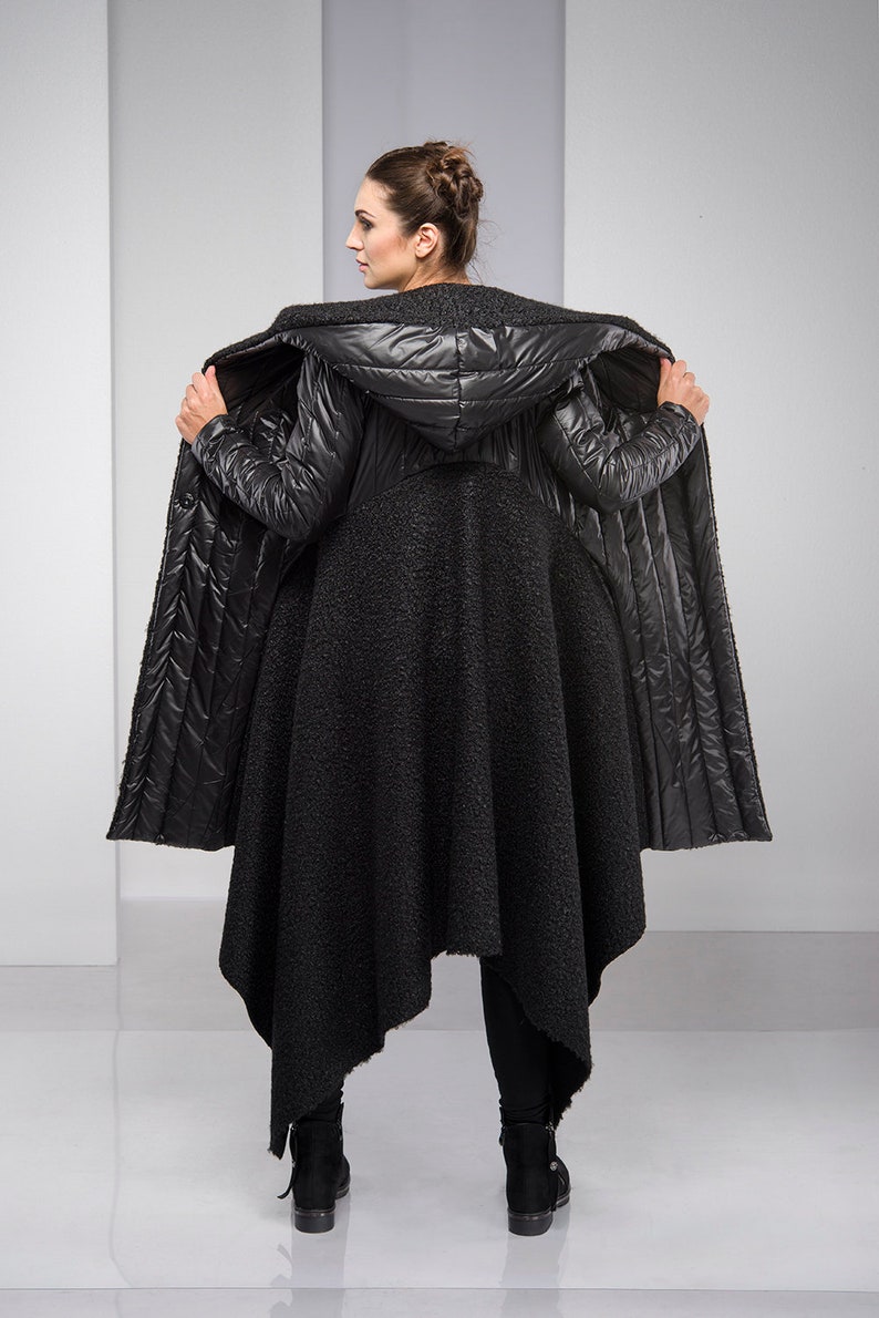 Maxi Coat for Women, Winter Coat, Merino Wool Coat, Black Hooded Coat, Cyberpunk Coat, Plus Size Coat, Asymmetric Coat, Plus Size Clothing image 3