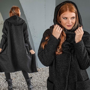 Black Wool Coat, Winter Coat,  Maxi Coat, Women Coat, Hooded Coat, Plus Size Coat, Oversize Coat, Plus Size Clothing for Women, Visibleart