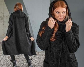 Black Wool Coat, Hooded Maxi Winter Jacket, Plus Size Outerwear